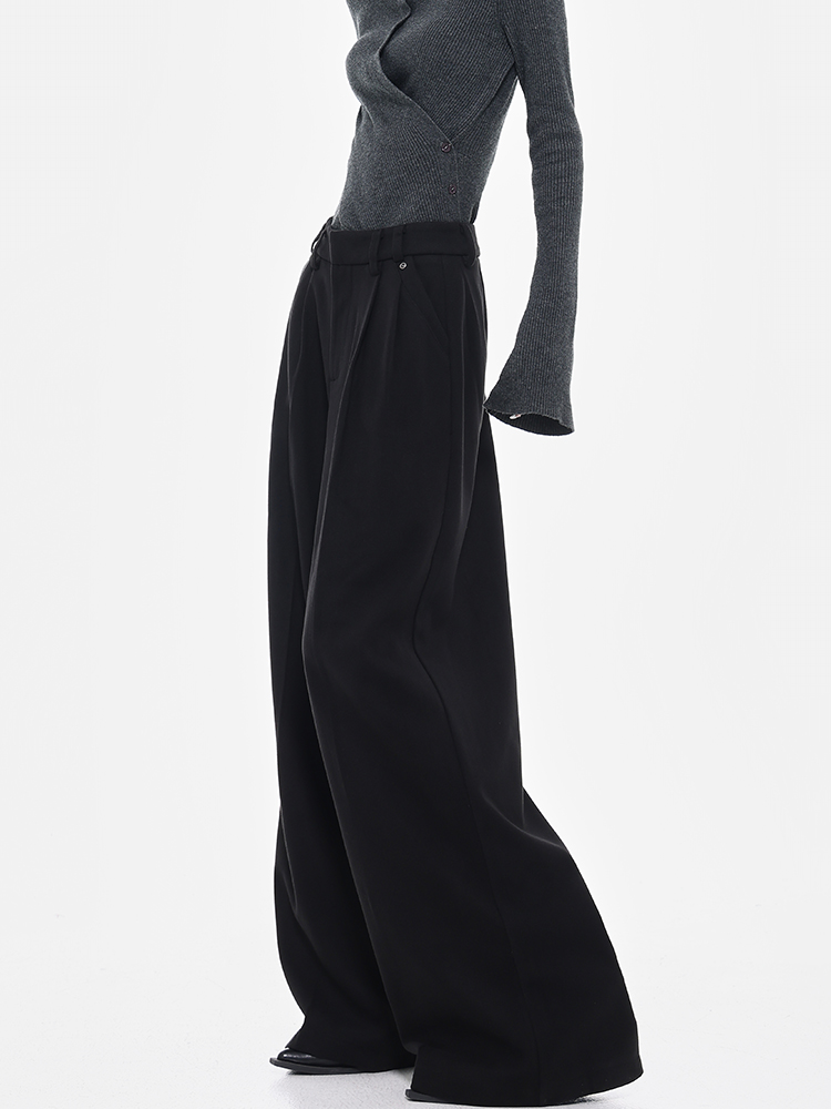 Black Wide-Leg Woolen Suit Pants for Women - Thick Casual Floor-Length Trousers for Autumn/Winter, Chic Designer Style Black Wide-Leg Woolen Suit Pants for Women - Thick Casual Floor-Length Trousers for Autumn/Winter, Chic Designer Style