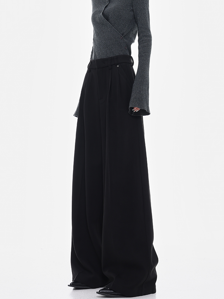 Black Wide-Leg Woolen Suit Pants for Women - Thick Casual Floor-Length Trousers for Autumn/Winter, Chic Designer Style
