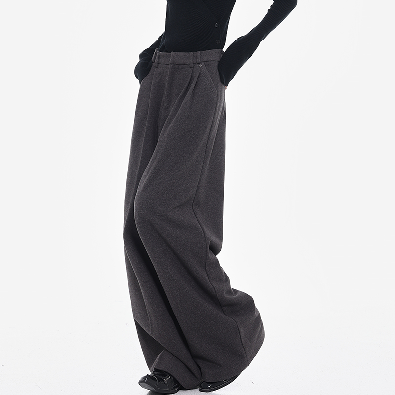 Black Wide-Leg Woolen Suit Pants for Women - Thick Casual Floor-Length Trousers for Autumn/Winter, Chic Designer Style Black Wide-Leg Woolen Suit Pants for Women - Thick Casual Floor-Length Trousers for Autumn/Winter, Chic Designer Style