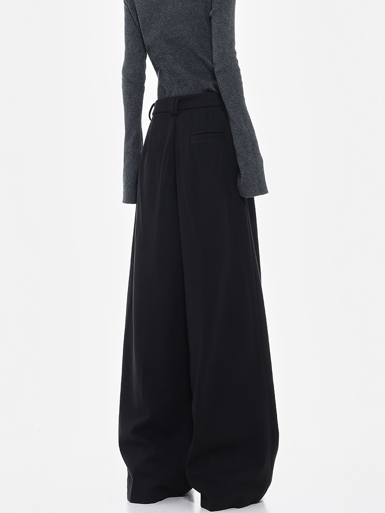 Black Wide-Leg Woolen Suit Pants for Women - Thick Casual Floor-Length Trousers for Autumn/Winter, Chic Designer Style Black Wide-Leg Woolen Suit Pants for Women - Thick Casual Floor-Length Trousers for Autumn/Winter, Chic Designer Style