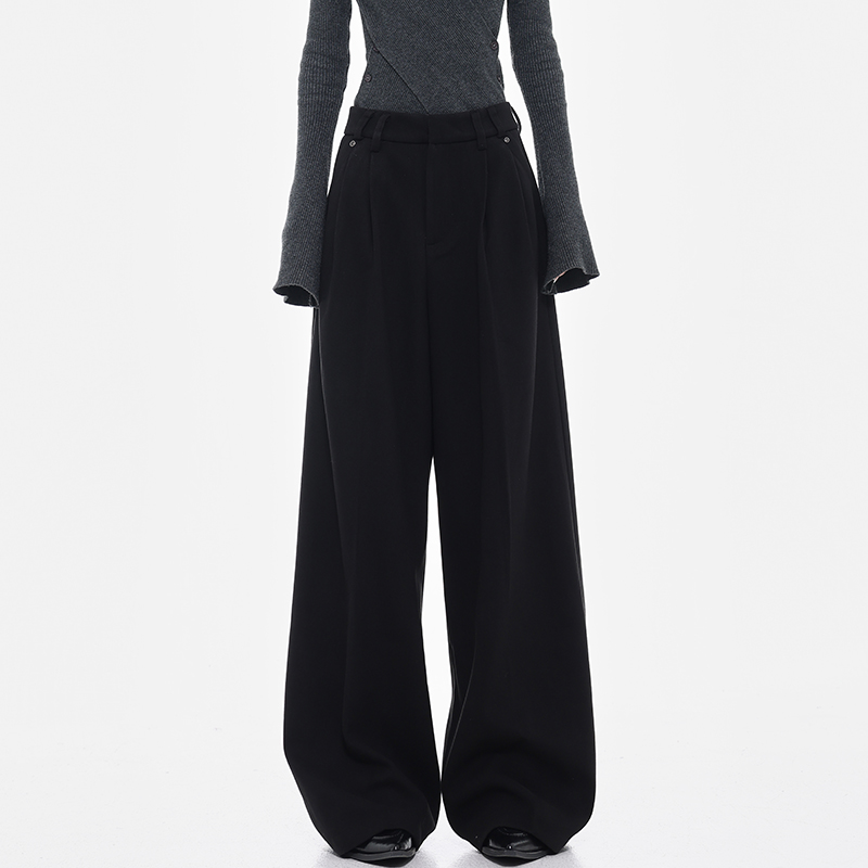 Black Wide-Leg Woolen Suit Pants for Women - Thick Casual Floor-Length Trousers for Autumn/Winter, Chic Designer Style