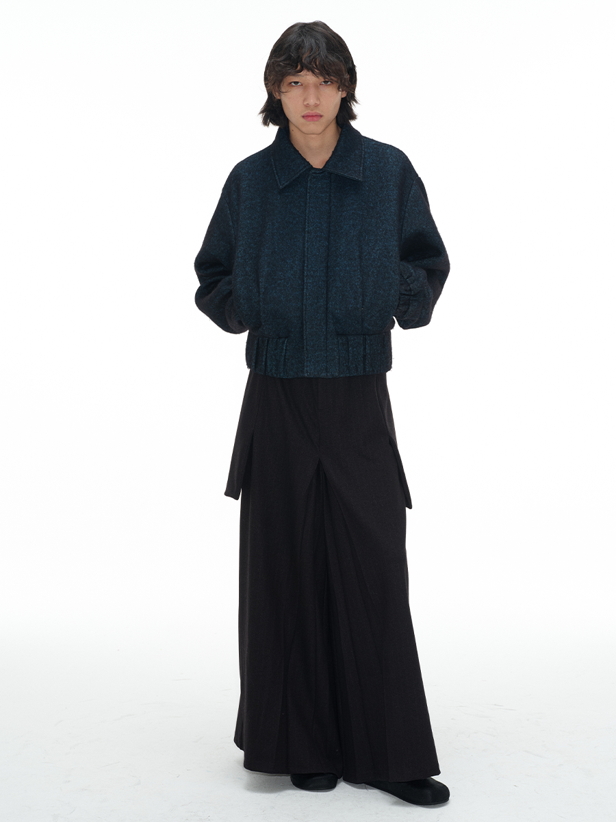 Blue Algae Wool Jacket - 70% Loop Wool, Pleated Waist, Curved Sleeve, Chic Outerwear, Perfect for Fall, Stylish Layering Blue Algae Wool Jacket - 70% Loop Wool, Pleated Waist, Curved Sleeve, Chic Outerwear, Perfect for Fall, Stylish Layering