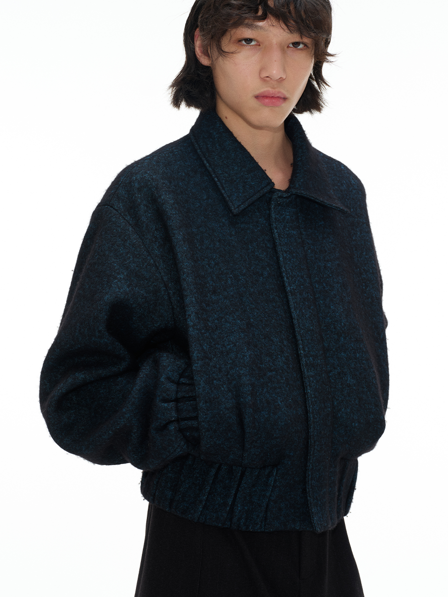 Blue Algae Wool Jacket - 70% Loop Wool, Pleated Waist, Curved Sleeve, Chic Outerwear, Perfect for Fall, Stylish Layering Blue Algae Wool Jacket - 70% Loop Wool, Pleated Waist, Curved Sleeve, Chic Outerwear, Perfect for Fall, Stylish Layering