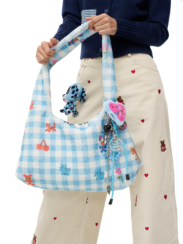 Blue and White Checkered Printed Plush Shoulder Tote Bag - Original Artist Design, Stylish Underarm Bag for Casual Chic Fashion Blue and White Checkered Printed Plush Shoulder Tote Bag - Original Artist Design, Stylish Underarm Bag for Casual Chic Fashion