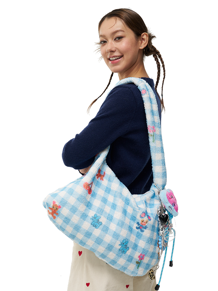 Blue and White Checkered Printed Plush Shoulder Tote Bag - Original Artist Design, Stylish Underarm Bag for Casual Chic Fashion Blue and White Checkered Printed Plush Shoulder Tote Bag - Original Artist Design, Stylish Underarm Bag for Casual Chic Fashion