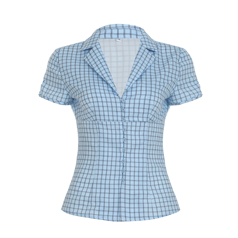 Blue Checkered Polo Collar Casual Shirt - Urban Girl Style, Single-Breasted, Versatile High-Intelligence Top for Effortless Fashion