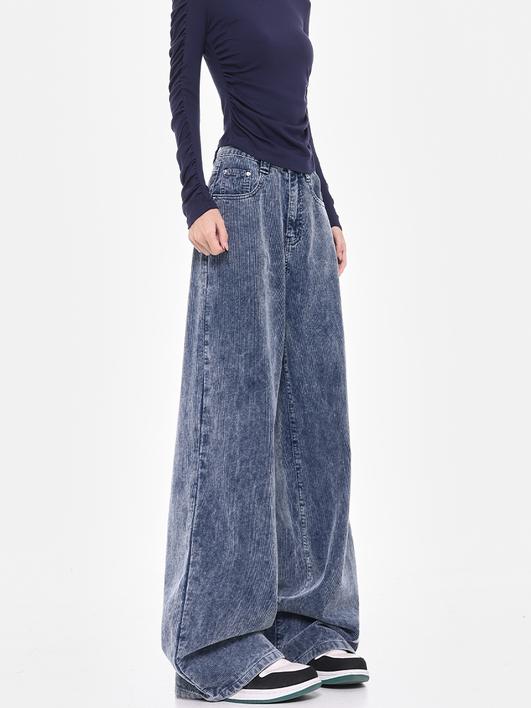 Blue Corduroy Wide-Leg Jeans for Women - High Waist Loose Fit Floor-Length Pants - Trendy Autumn/Winter Style Blue Corduroy Wide-Leg Jeans for Women - High Waist Loose Fit Floor-Length Pants - Trendy Autumn/Winter Style