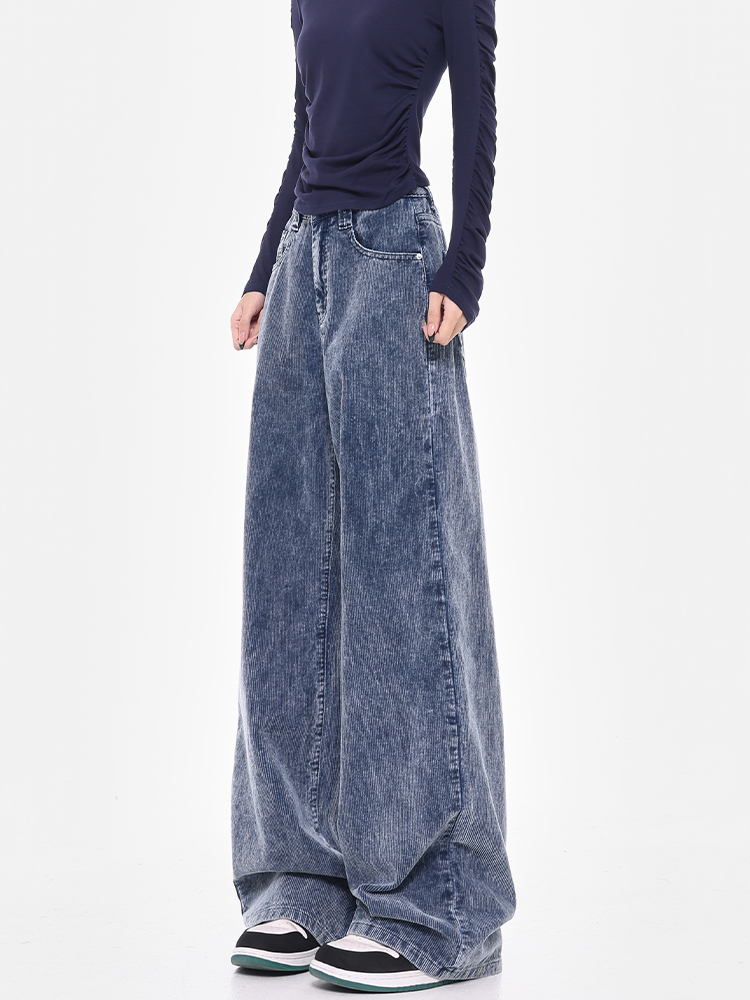 Blue Corduroy Wide-Leg Jeans for Women - High Waist Loose Fit Floor-Length Pants - Trendy Autumn/Winter Style