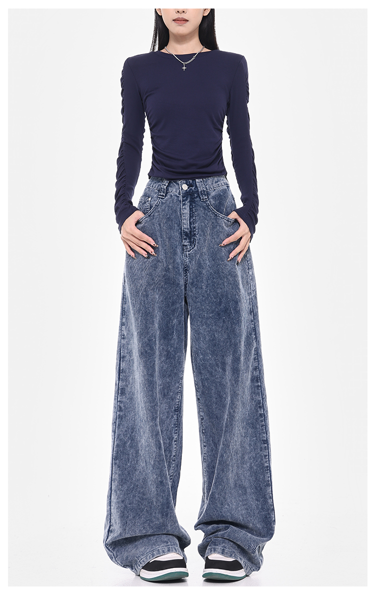Blue Corduroy Wide-Leg Jeans for Women - High Waist Loose Fit Floor-Length Pants - Trendy Autumn/Winter Style