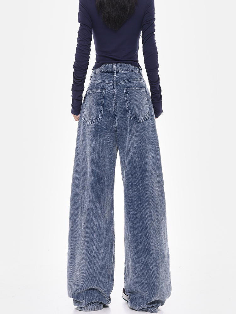Blue Corduroy Wide-Leg Jeans for Women - High Waist Loose Fit Floor-Length Pants - Trendy Autumn/Winter Style Blue Corduroy Wide-Leg Jeans for Women - High Waist Loose Fit Floor-Length Pants - Trendy Autumn/Winter Style
