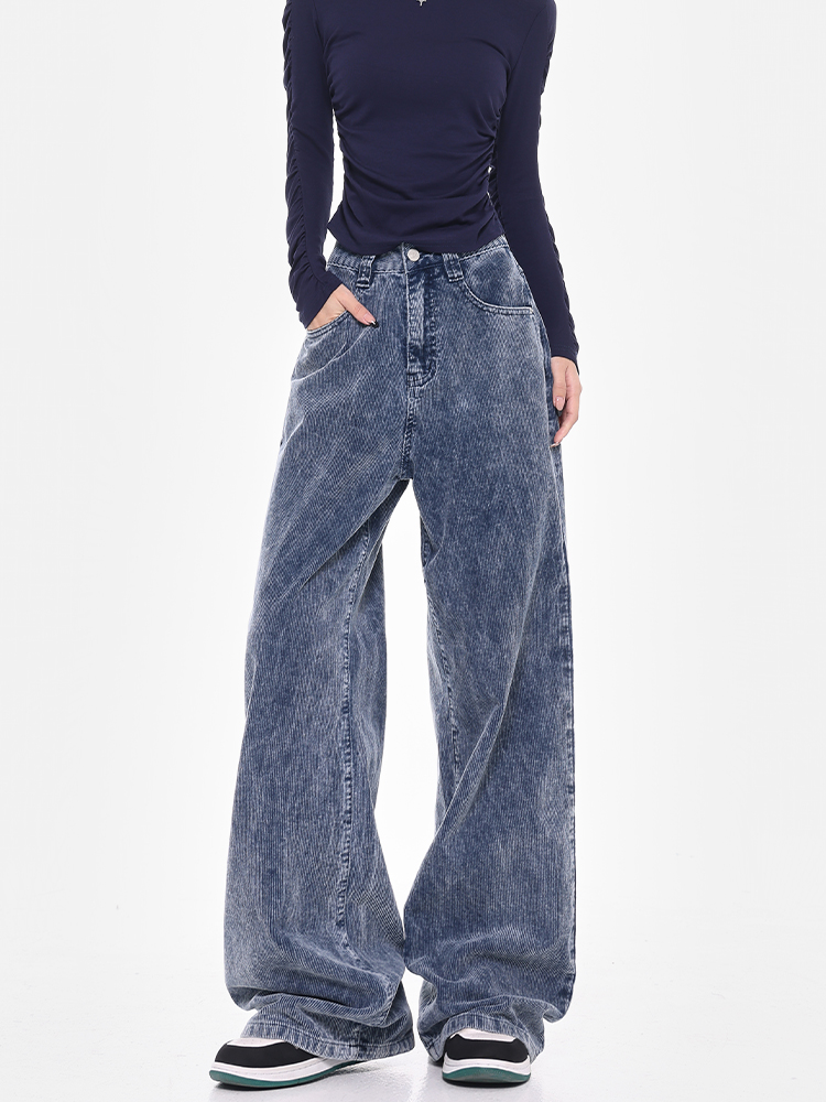 Blue Corduroy Wide-Leg Jeans for Women - High Waist Loose Fit Floor-Length Pants - Trendy Autumn/Winter Style Blue Corduroy Wide-Leg Jeans for Women - High Waist Loose Fit Floor-Length Pants - Trendy Autumn/Winter Style
