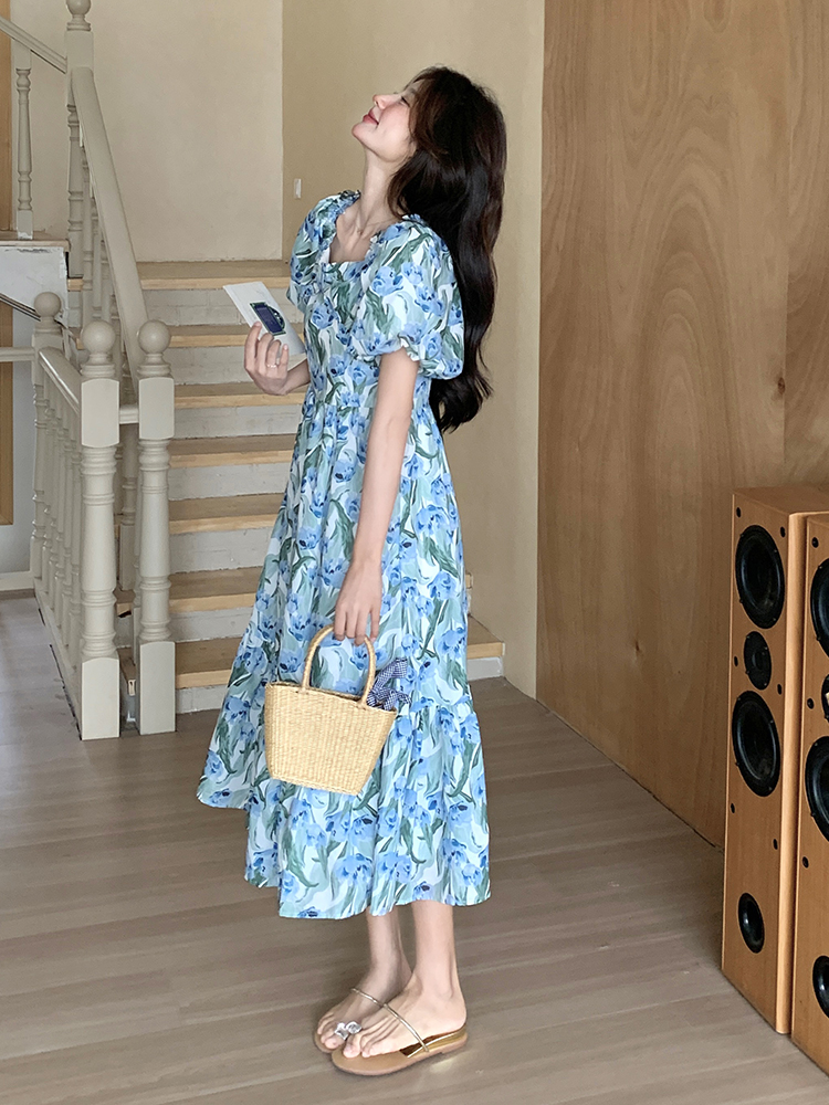 Blue Floral Puff Sleeve Dress with Square Collar - French-Style Chiffon Vacation Dress for Women - Summer Relaxed Fit Blue Floral Puff Sleeve Dress with Square Collar - French-Style Chiffon Vacation Dress for Women - Summer Relaxed Fit