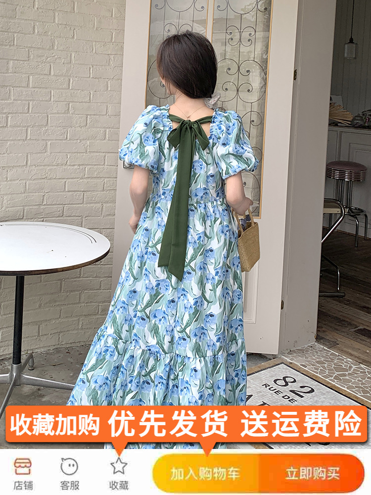Blue Floral Puff Sleeve Dress with Square Collar - French-Style Chiffon Vacation Dress for Women - Summer Relaxed Fit Blue Floral Puff Sleeve Dress with Square Collar - French-Style Chiffon Vacation Dress for Women - Summer Relaxed Fit