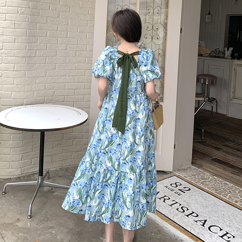 Blue Floral Puff Sleeve Dress with Square Collar - French-Style Chiffon Vacation Dress for Women - Summer Relaxed Fit Blue Floral Puff Sleeve Dress with Square Collar - French-Style Chiffon Vacation Dress for Women - Summer Relaxed Fit