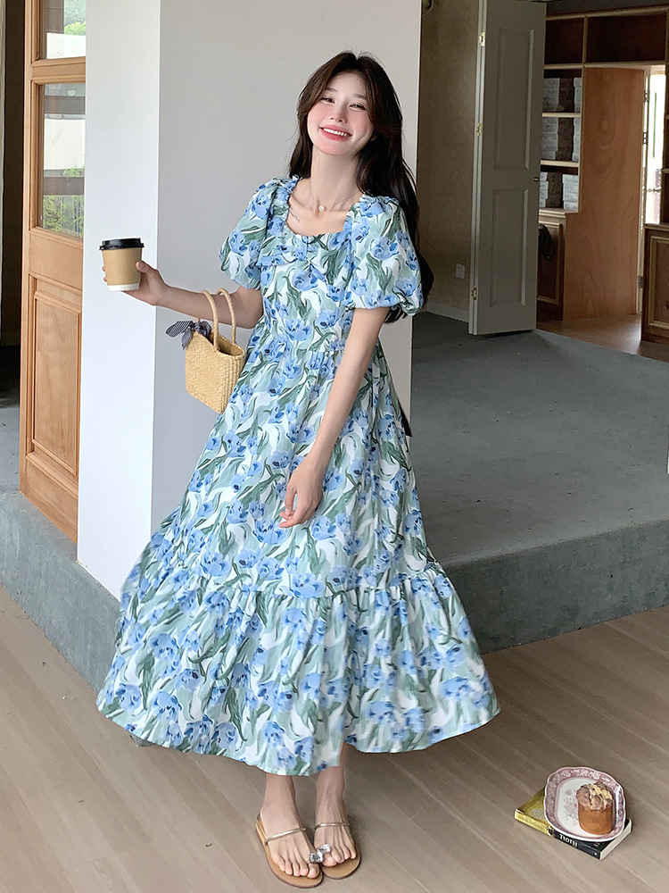 Blue Floral Puff Sleeve Dress with Square Collar - French-Style Chiffon Vacation Dress for Women - Summer Relaxed Fit Blue Floral Puff Sleeve Dress with Square Collar - French-Style Chiffon Vacation Dress for Women - Summer Relaxed Fit