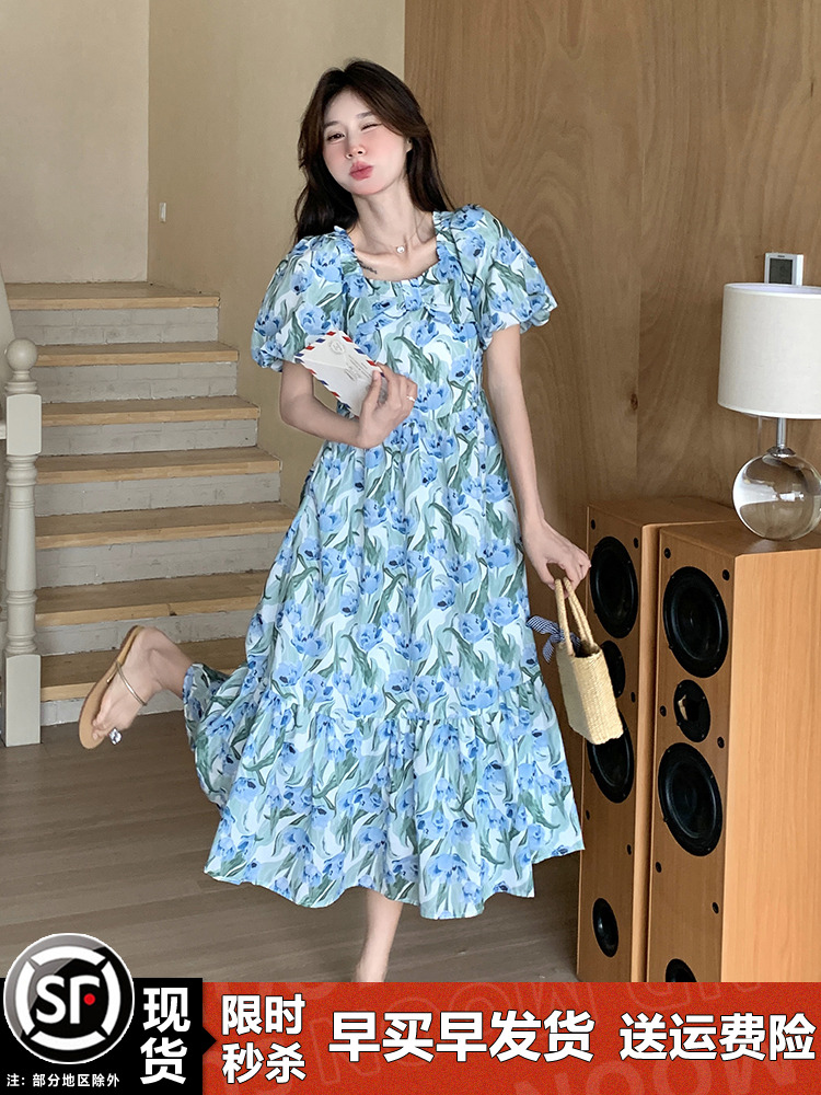 Blue Floral Puff Sleeve Dress with Square Collar - French-Style Chiffon Vacation Dress for Women - Summer Relaxed Fit Blue Floral Puff Sleeve Dress with Square Collar - French-Style Chiffon Vacation Dress for Women - Summer Relaxed Fit