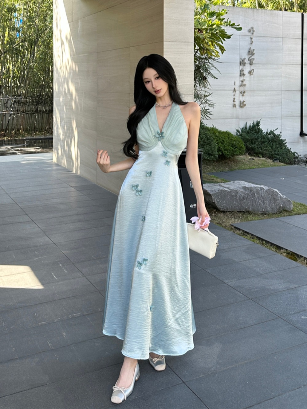 Blue Floral Satin Halter Dress with Butterfly Pearl Detail - French Style Summer Fairy Gown for Vacation