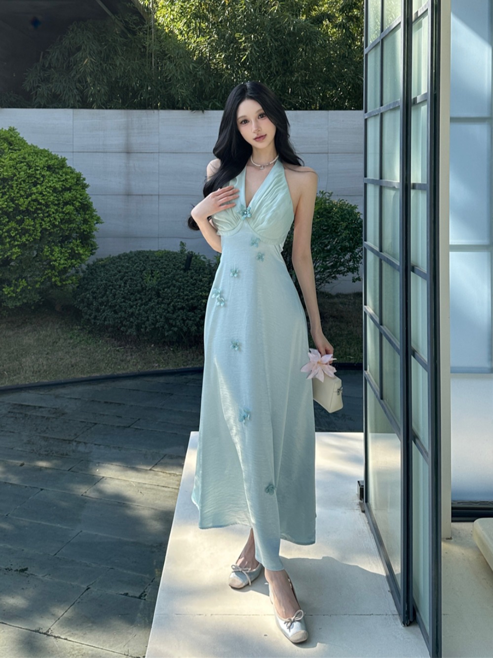 Blue Floral Satin Halter Dress with Butterfly Pearl Detail - French Style Summer Fairy Gown for Vacation