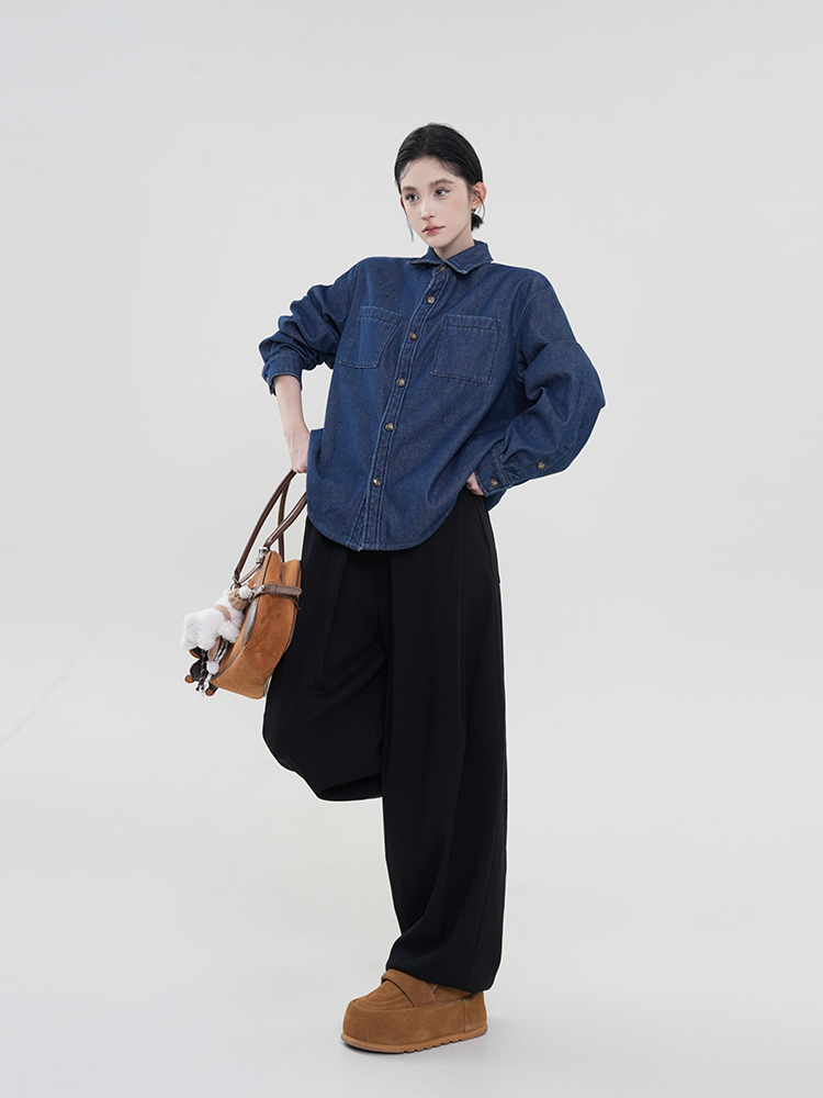 Blue Lapel Fleece Long-Sleeve Denim Shirt Jacket for Women - Winter Korean Style Loose Versatile Warm Top