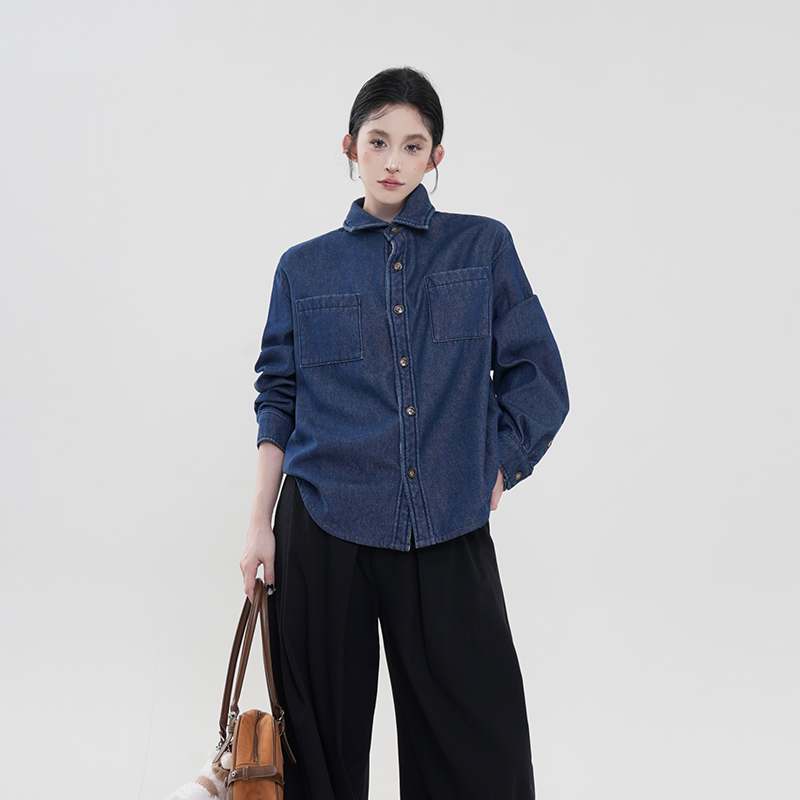 Blue Lapel Fleece Long-Sleeve Denim Shirt Jacket for Women - Winter Korean Style Loose Versatile Warm Top