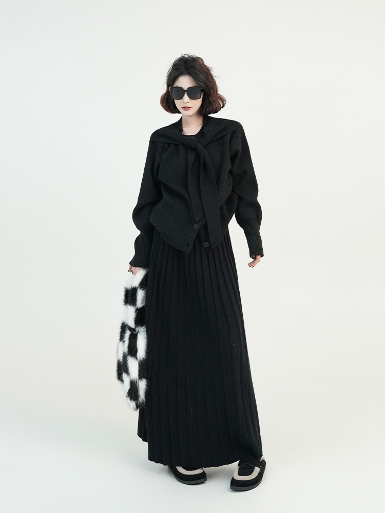 Blue Round Neck Long Sleeve Knitted Cardigan Set for Women - Autumn Winter Loose Slimming Sweater Top in Cozy Lazy Style