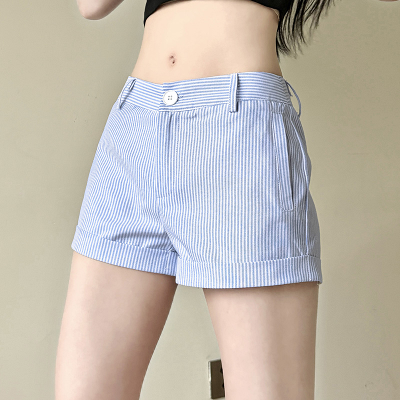 Blue Striped Button Low Waist Woven Casual Shorts - Vintage-Inspired Cuffed Wide-Leg Pants for Hot Girl Summer Style