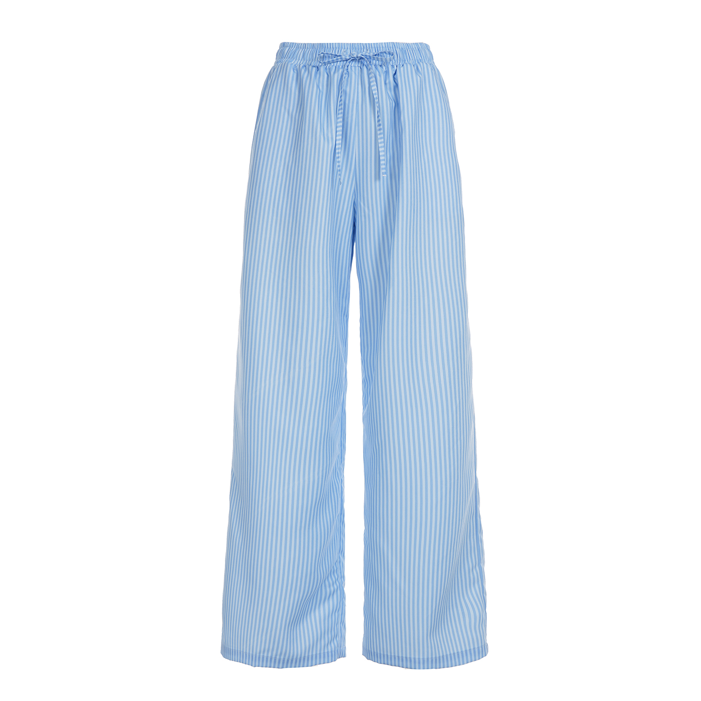 Blue Striped Elastic Waist Drawstring Casual Pants - American Sports Style Loose Fit Versatile Woven Long Trousers for Effortless Chic