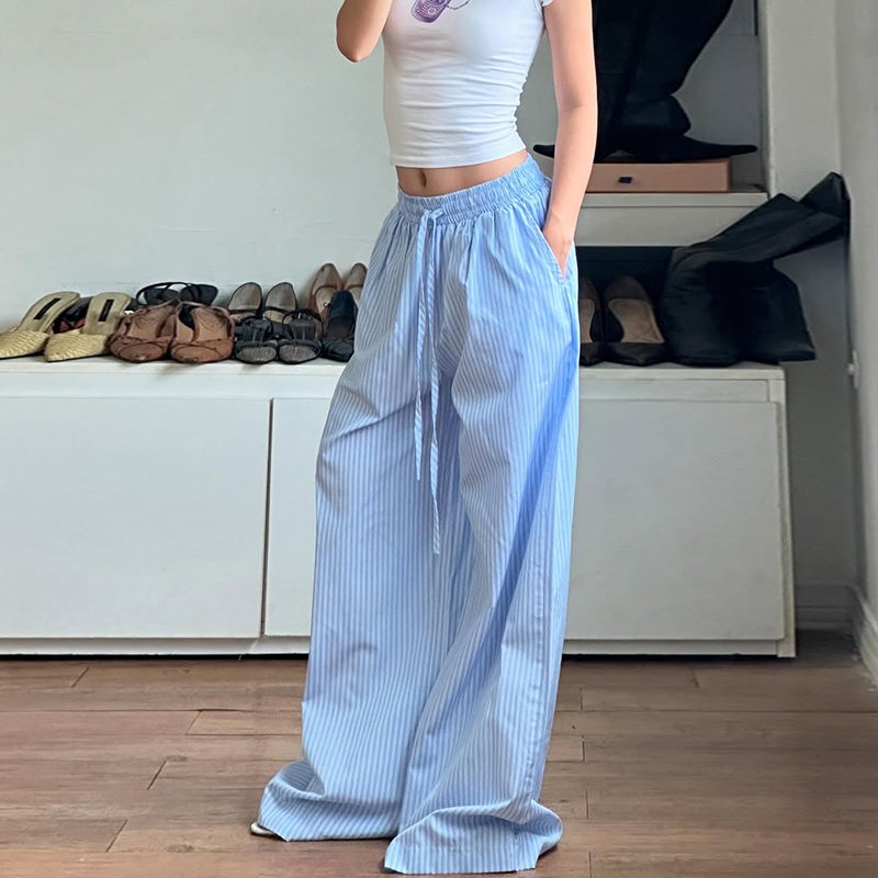 Blue Striped Elastic Waist Drawstring Casual Pants - American Sports Style Loose Fit Versatile Woven Long Trousers for Effortless Chic Blue Striped Elastic Waist Drawstring Casual Pants - American Sports Style Loose Fit Versatile Woven Long Trousers for Effortless Chic
