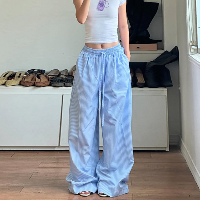 Blue Striped Elastic Waist Drawstring Casual Pants - American Sports Style Loose Fit Versatile Woven Long Trousers for Effortless Chic