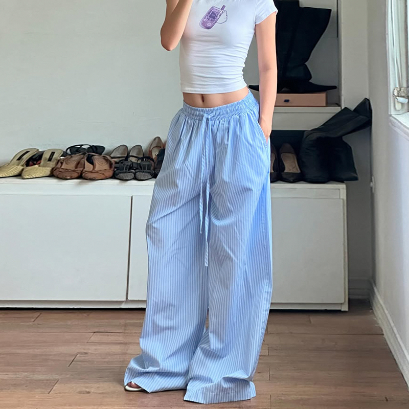 Blue Striped Elastic Waist Drawstring Casual Pants - American Sports Style Loose Fit Versatile Woven Long Trousers for Effortless Chic Blue Striped Elastic Waist Drawstring Casual Pants - American Sports Style Loose Fit Versatile Woven Long Trousers for Effortless Chic