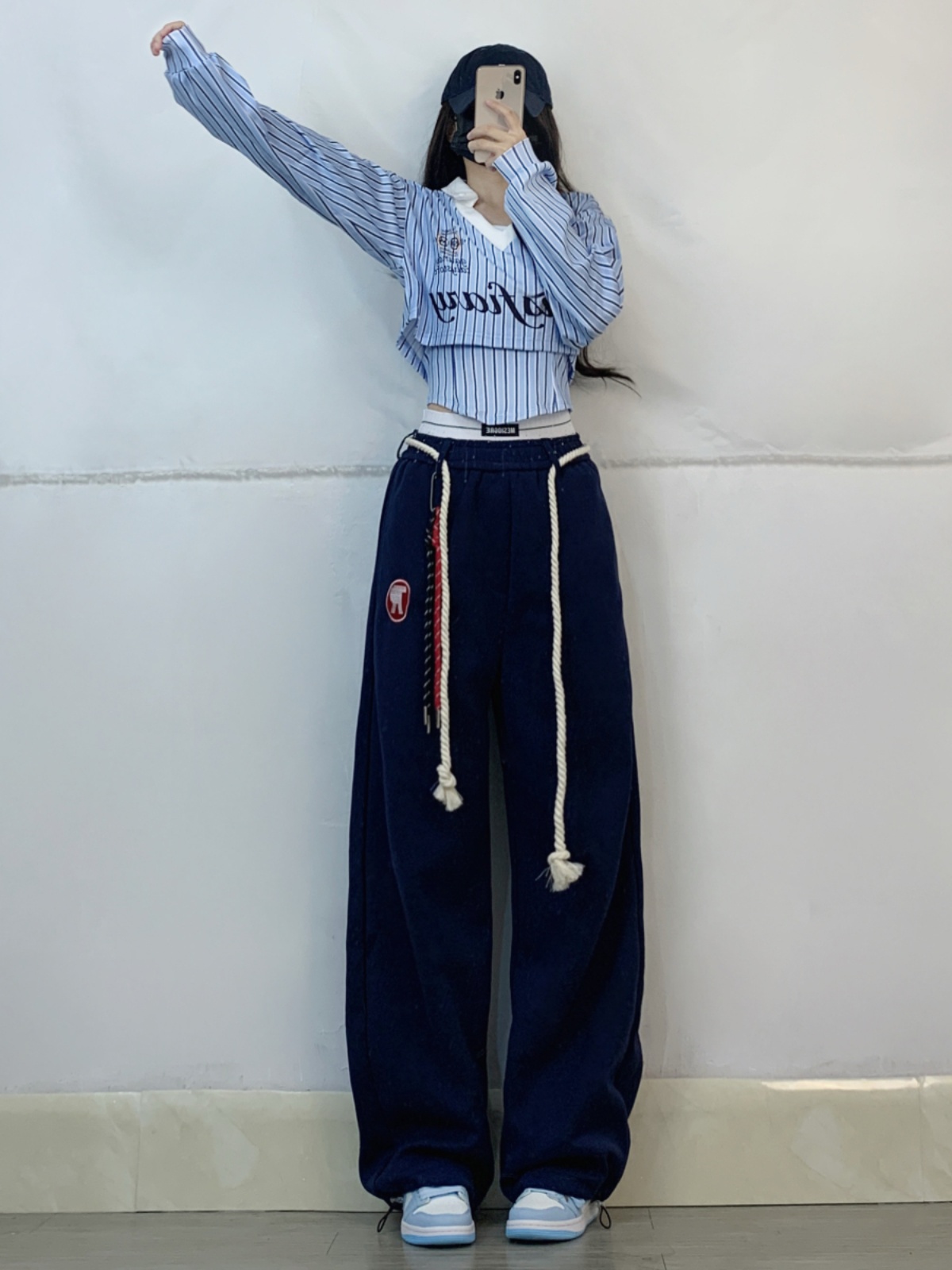 Blue Striped Layered Two-Piece Dance Outfit with Navy Jazz Casual Sports Pants - Trendy Spicy Girl Style for 90s and Y2K Fashion