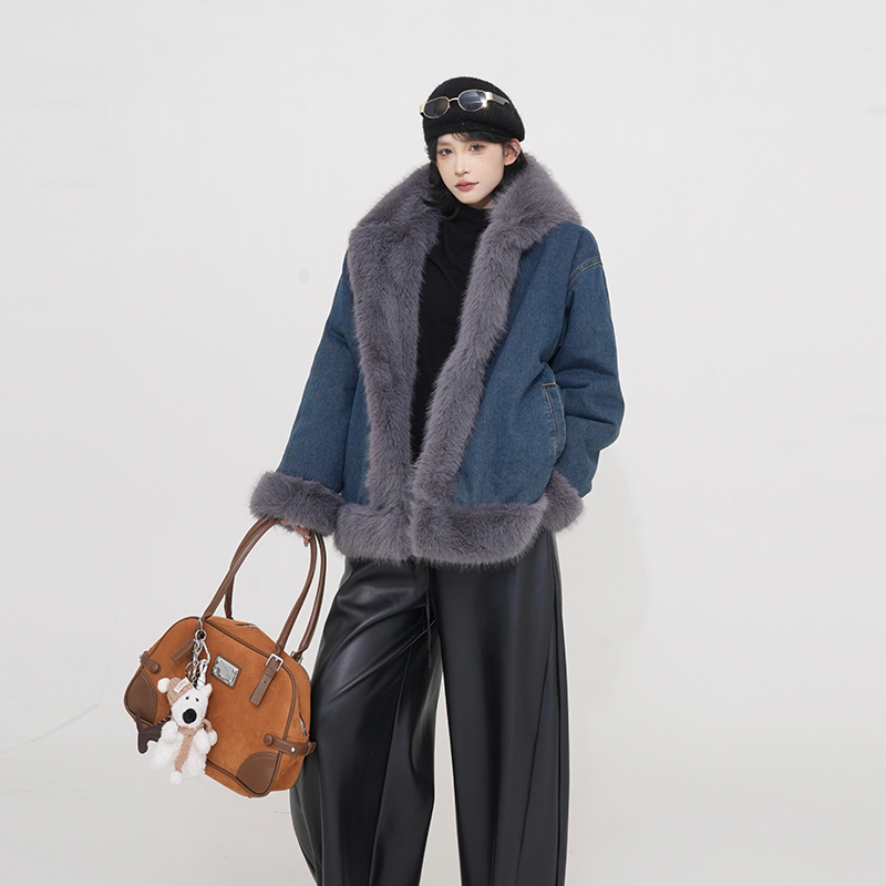 Blue Thickened Fluffy Reversible Denim Jacket for Women - Winter Korean Style Loose Hooded Warm Top