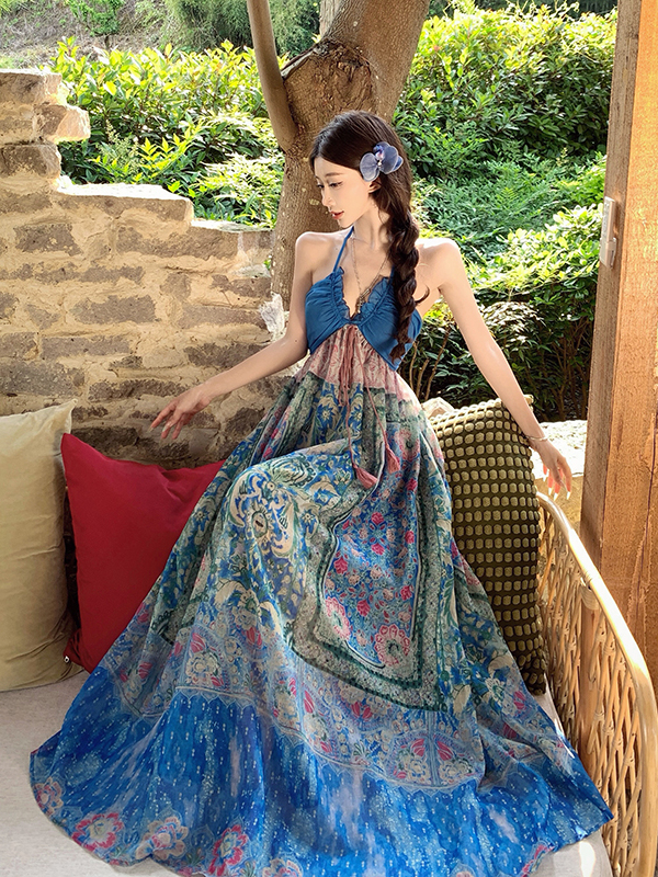 Blue Vintage Ethnic Print Color-Blocked Strapless Halter Long Skirt Vacation Dress - Boho 90s Y2K Style