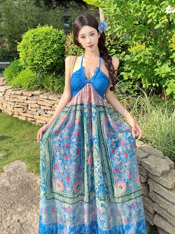 Blue Vintage Ethnic Print Color-Blocked Strapless Halter Long Skirt Vacation Dress - Boho 90s Y2K Style