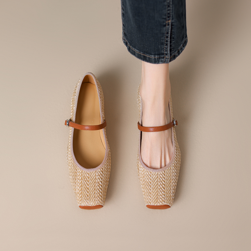Bohemian French Vintage One-Strap Mary Jane Shoes â€“ Woven Height-Increasing Square-Toe Flats for Chic Style