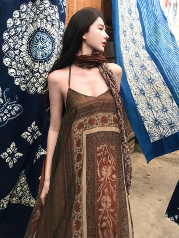 Bohemian Printed Camisole Dress for Women - Ethnic Style Swing Dress for Vacation, Yunnan Xishuangbanna & Xinjiang Tibet Inspired Bohemian Printed Camisole Dress for Women - Ethnic Style Swing Dress for Vacation, Yunnan Xishuangbanna & Xinjiang Tibet Inspired
