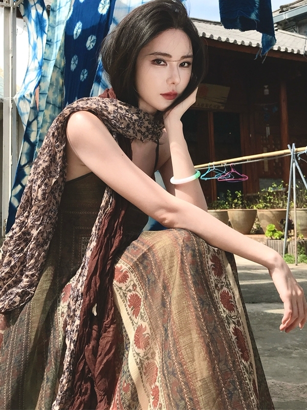 Bohemian Printed Camisole Dress for Women - Ethnic Style Swing Dress for Vacation, Yunnan Xishuangbanna & Xinjiang Tibet Inspired Bohemian Printed Camisole Dress for Women - Ethnic Style Swing Dress for Vacation, Yunnan Xishuangbanna & Xinjiang Tibet Inspired