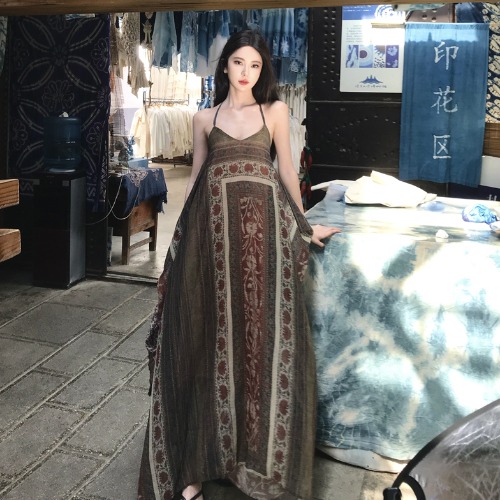 Bohemian Printed Camisole Dress for Women - Ethnic Style Swing Dress for Vacation, Yunnan Xishuangbanna & Xinjiang Tibet Inspired