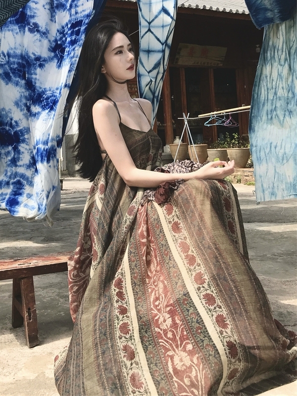 Bohemian Printed Camisole Dress for Women - Ethnic Style Swing Dress for Vacation, Yunnan Xishuangbanna & Xinjiang Tibet Inspired Bohemian Printed Camisole Dress for Women - Ethnic Style Swing Dress for Vacation, Yunnan Xishuangbanna & Xinjiang Tibet Inspired