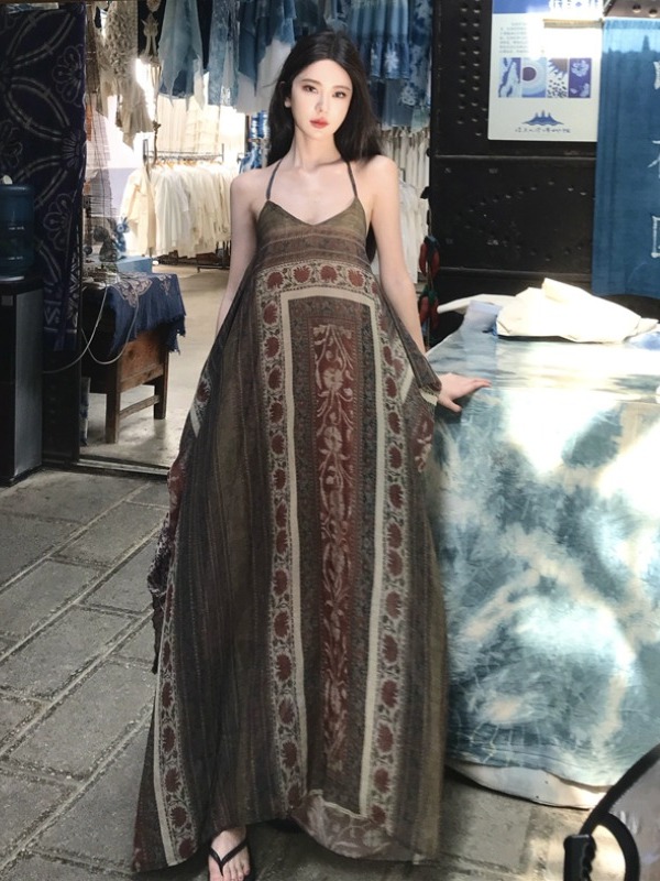 Bohemian Printed Camisole Dress for Women - Ethnic Style Swing Dress for Vacation, Yunnan Xishuangbanna & Xinjiang Tibet Inspired