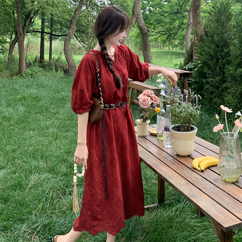 Bohemian Red Dress for Women - Summer 2025 Waist-Cinching Ethnic Style Long Skirt for Vacation, Unique and Stunning Design