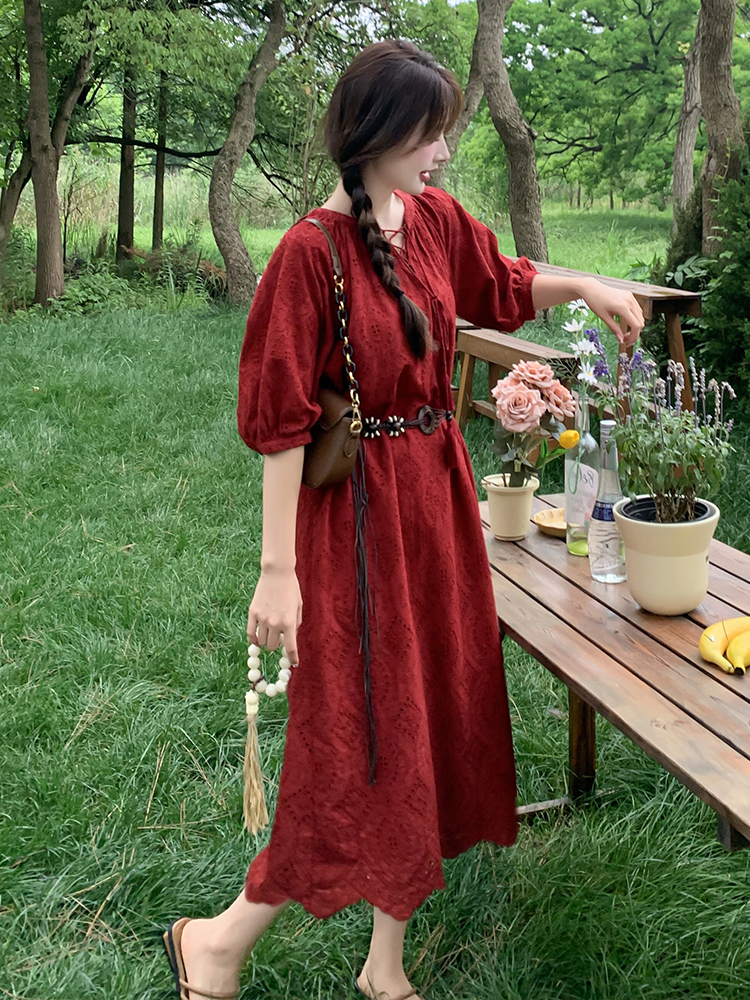 Bohemian Red Dress for Women - Summer 2025 Waist-Cinching Ethnic Style Long Skirt for Vacation, Unique and Stunning Design