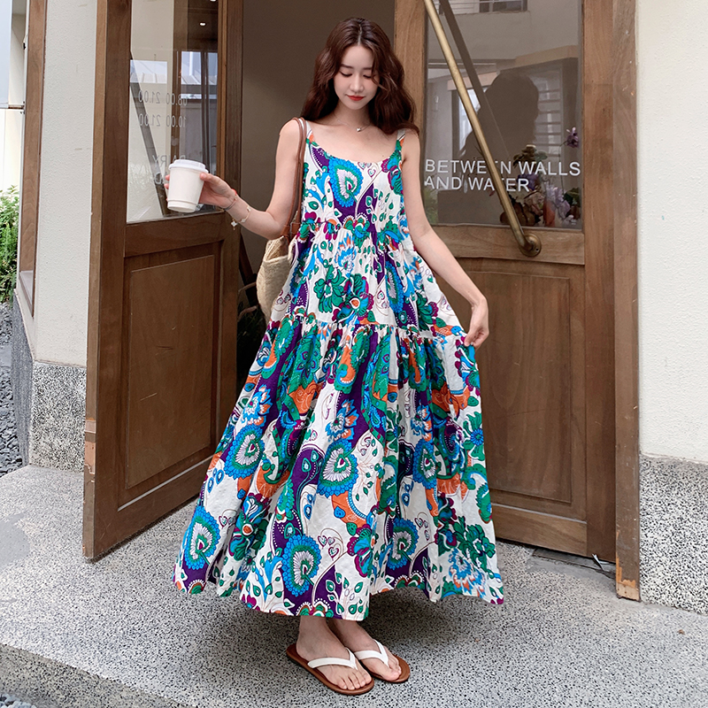 Bohemian Sleeveless Printed Chiffon Camisole Dress for Women - Relaxed Summer Vacation Long Dress