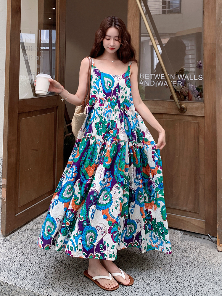 Bohemian Sleeveless Printed Chiffon Camisole Dress for Women - Relaxed Summer Vacation Long Dress