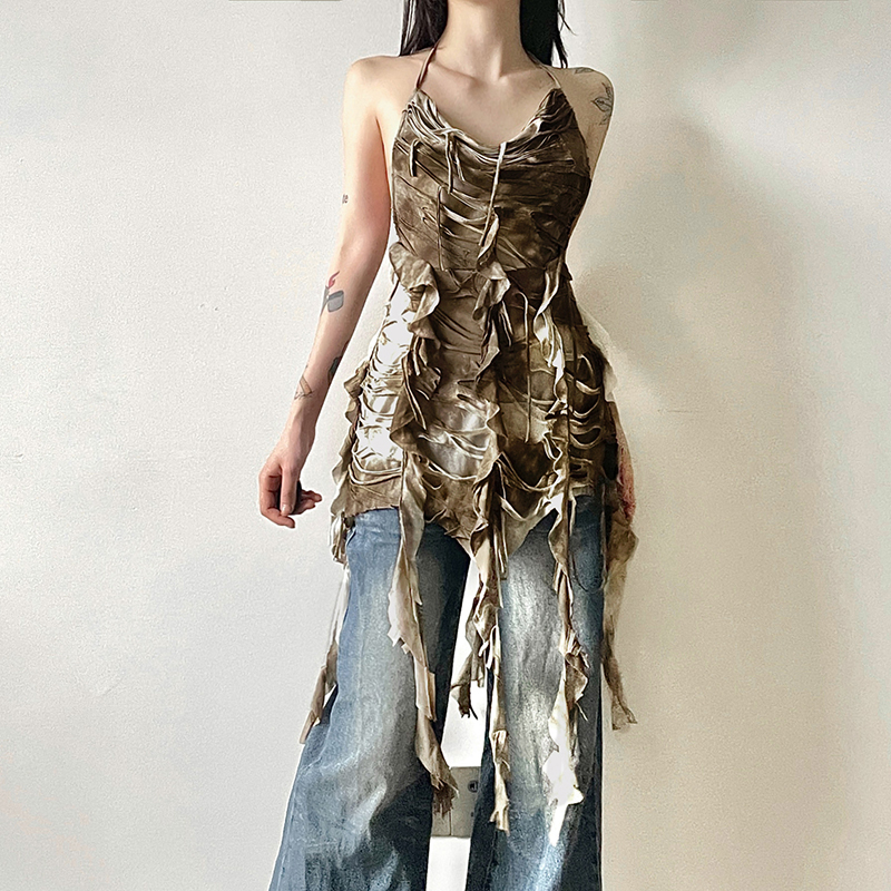 Bohemian Tattered Layered Strappy Backless Top with Hanging Straps - Perfect for 90s Style and Y2K Fashion Lovers Bohemian Tattered Layered Strappy Backless Top with Hanging Straps - Perfect for 90s Style and Y2K Fashion Lovers