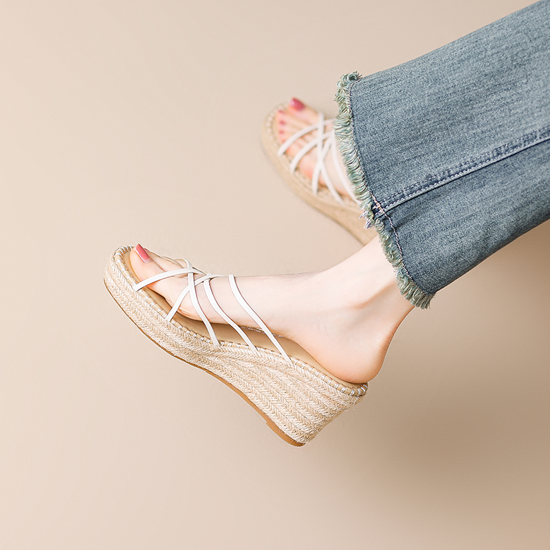 Bohemian Thin Strap Woven Thick-Soled Wedge Sandals for Women - Stylish One-Strap Design, Perfect for Summer and Y2K Fashion