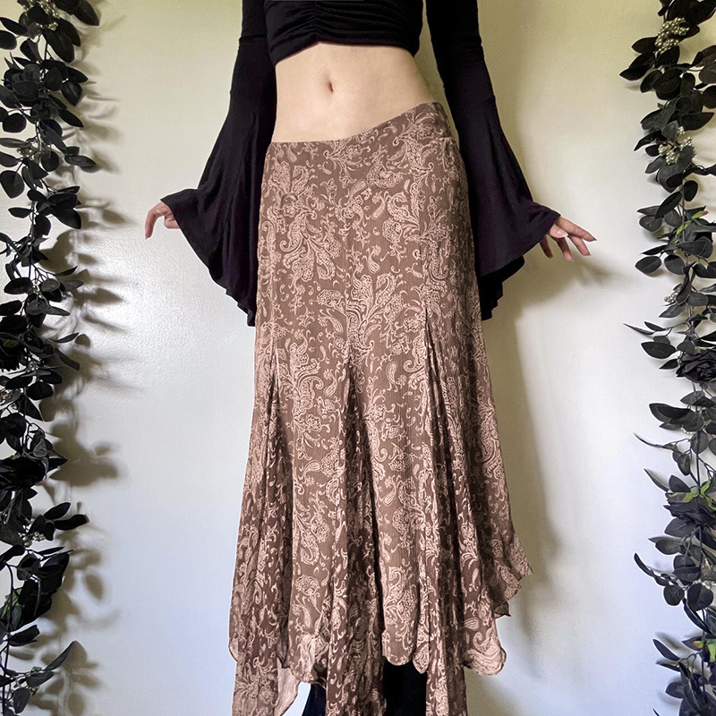 Bohemian Vintage Floral Print Low-Waist Sheer Long Skirt - Irregular Flowing Design for Summer Beach Vacation