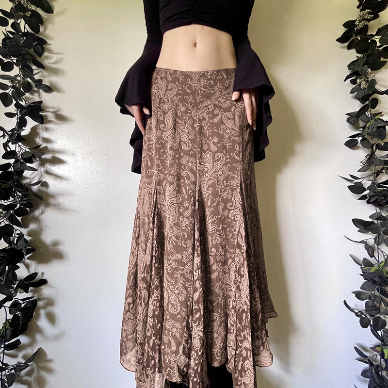 Bohemian Vintage Floral Print Low-Waist Sheer Long Skirt - Irregular Flowing Design for Summer Beach Vacation Bohemian Vintage Floral Print Low-Waist Sheer Long Skirt - Irregular Flowing Design for Summer Beach Vacation