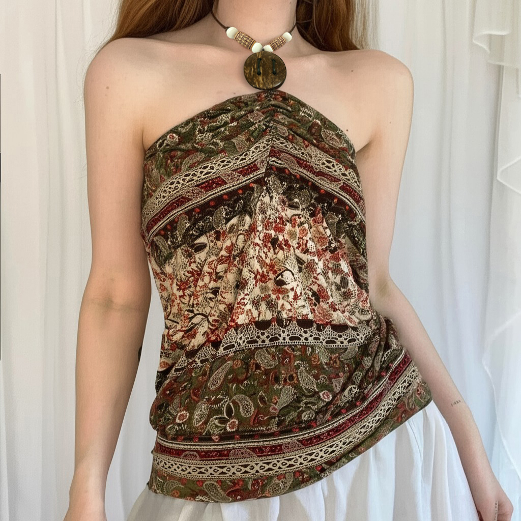 Bohemian Vintage Printed Beaded Neck Hanging Vest Top - Tribal Ethnic Style Short Sleeveless Top Bohemian Vintage Printed Beaded Neck Hanging Vest Top - Tribal Ethnic Style Short Sleeveless Top