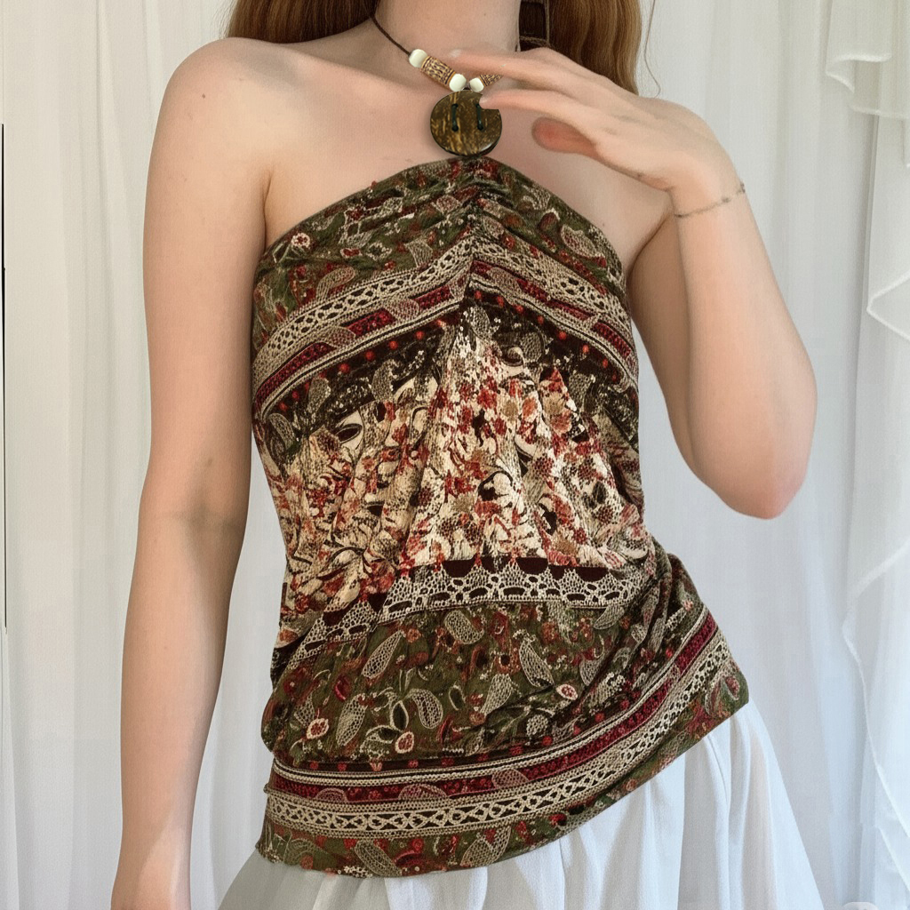 Bohemian Vintage Printed Beaded Neck Hanging Vest Top - Tribal Ethnic Style Short Sleeveless Top Bohemian Vintage Printed Beaded Neck Hanging Vest Top - Tribal Ethnic Style Short Sleeveless Top